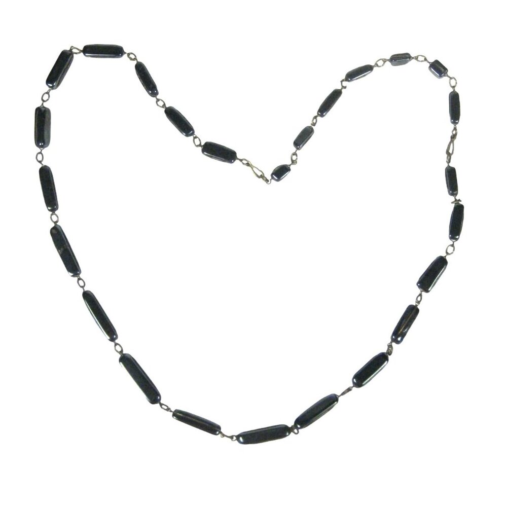 Hematite Stone Necklace Barrel Shaped Beads Metal Links 38 inch Strand